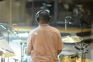 Cory Mason plays the drums at Westlake during the Kaylene Peoples MY MAN recording session June 9, 2011. (Photo by Arun Nevader)