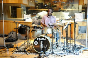 Cory Mason plays the drums at Westlake during the Kaylene Peoples MY MAN recording session June 9, 2011. (Photo by Arun Nevader)